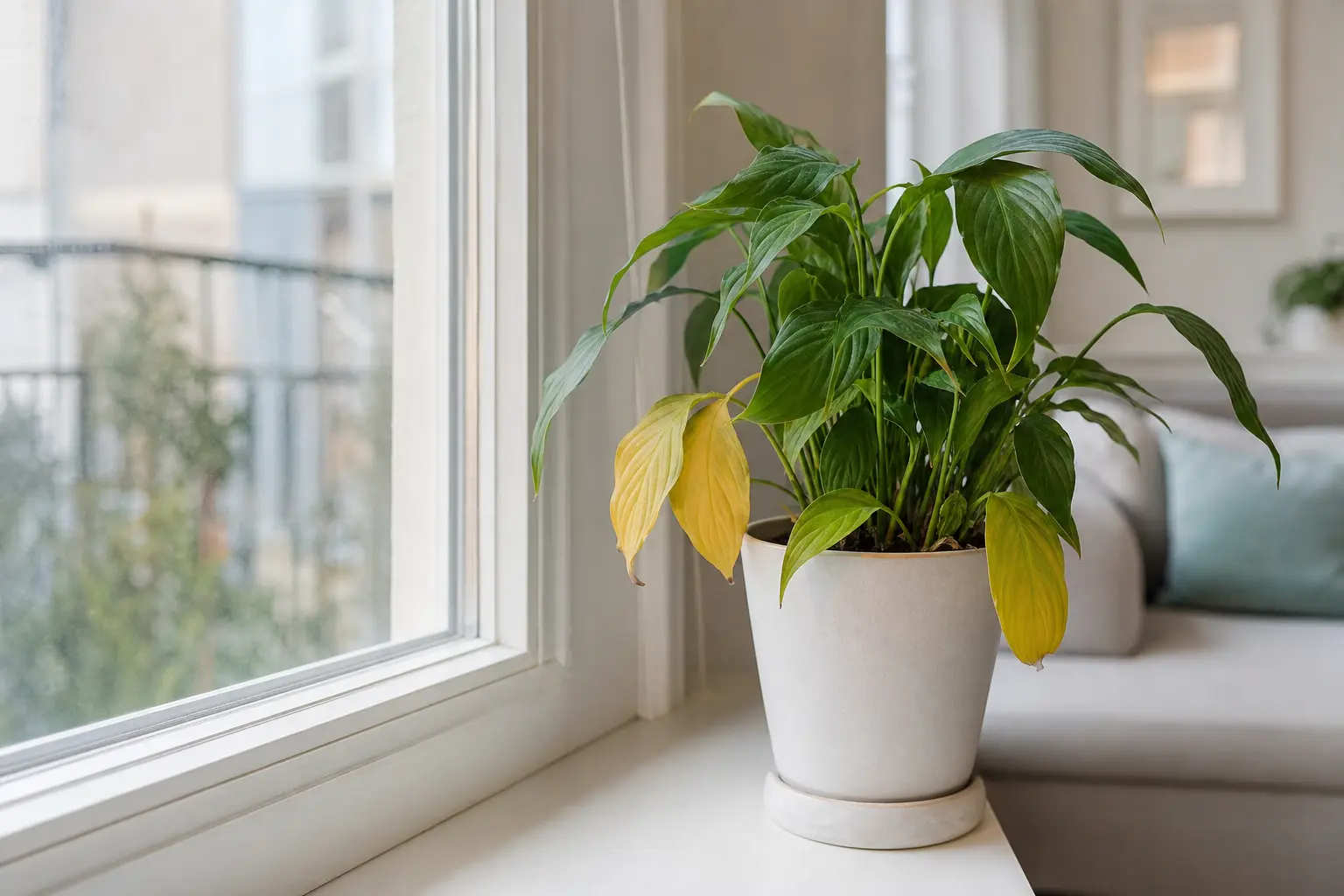 Une plante verte en pot sur un rebord de fenêtre avec quelques feuilles jaunies parmi le feuillage