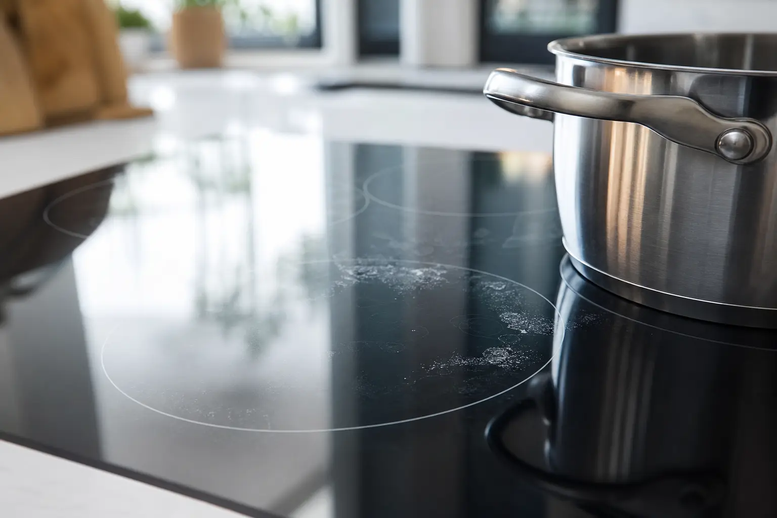 Plaque de cuisson à induction noire avec de légères auréoles blanches calcaires, une casserole en inox posée dessus, dans une cuisine lumineuse