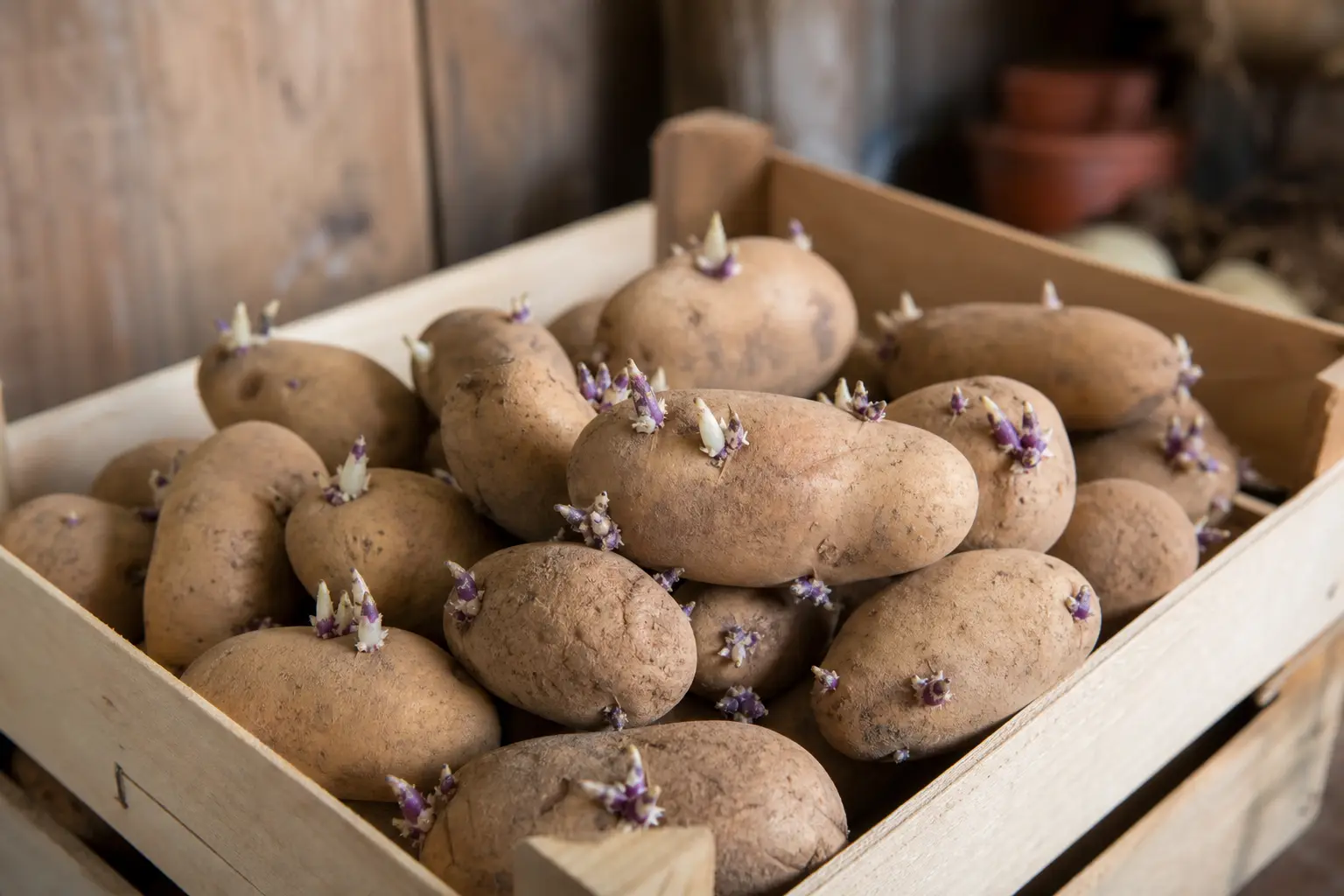 Plusieurs pommes de terre germées dans un cageot en bois, petites pousses blanches et violacées visibles
