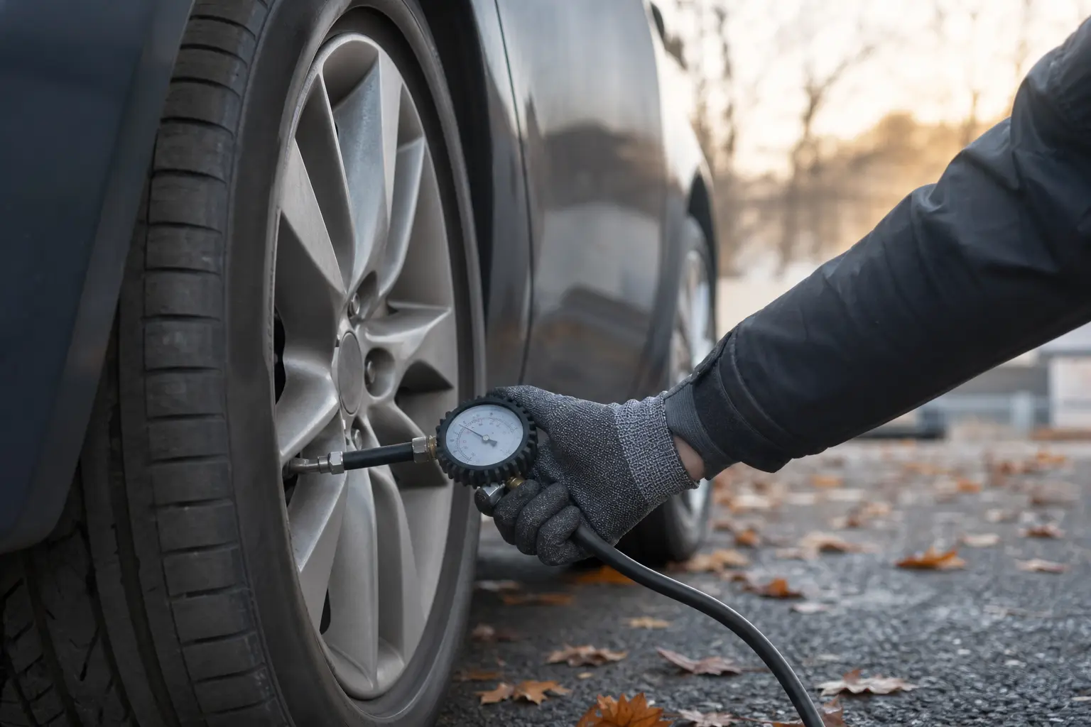 Contrôle de la pression d'un pneu de voiture au manomètre, matin frais d'automne avec des feuilles mortes au sol