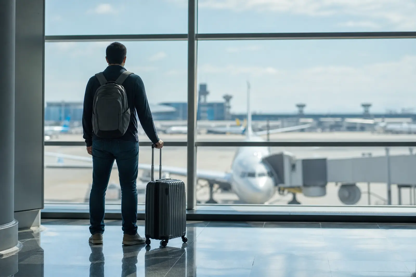 Voyageur regardant les écrans d'affichage des vols dans un hall d'aéroport lumineux