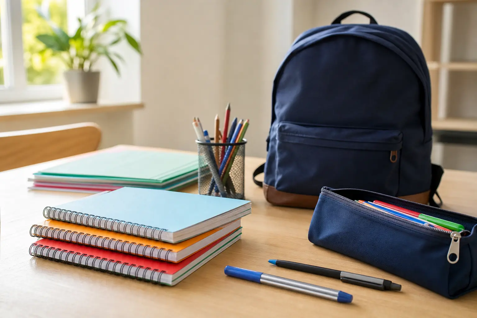 Fournitures scolaires neuves - cahiers, stylos et cartable - posées sur une table en bois avant la rentrée