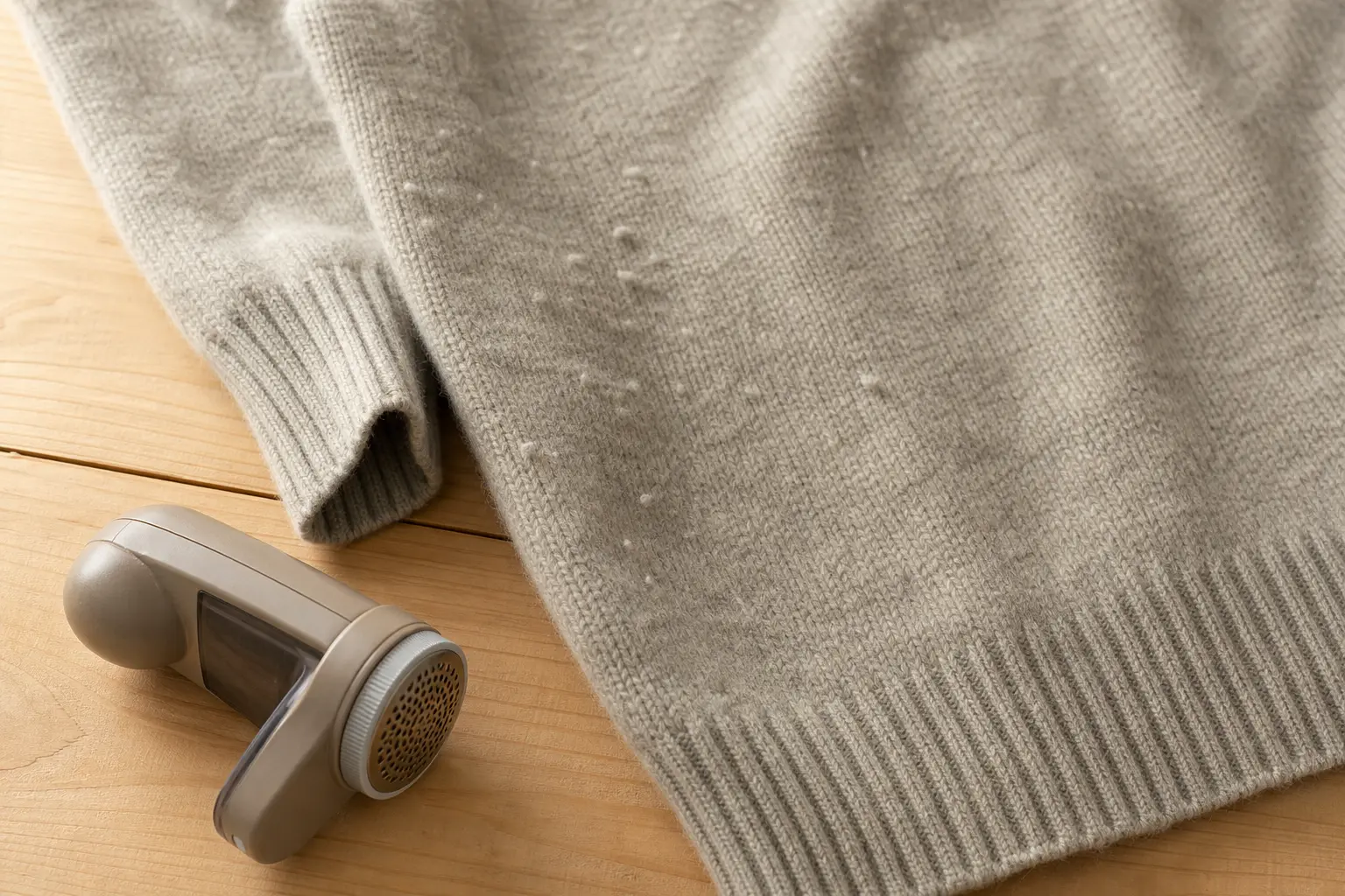Gros plan sur un pull en laine beige avec de petites bouloches visibles près de la manche, posé à côté d'une pierre à bouloches