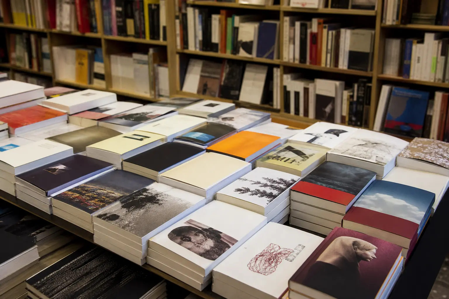 Une table de librairie couverte de nombreux livres neufs aux couvertures variées