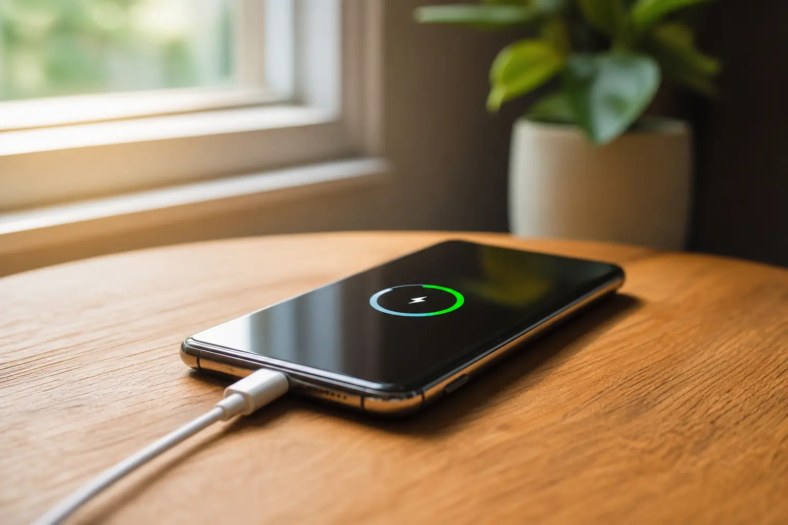 Smartphone posé sur une table en bois près d'une fenêtre, branché à un chargeur, écran affichant une icône de charge