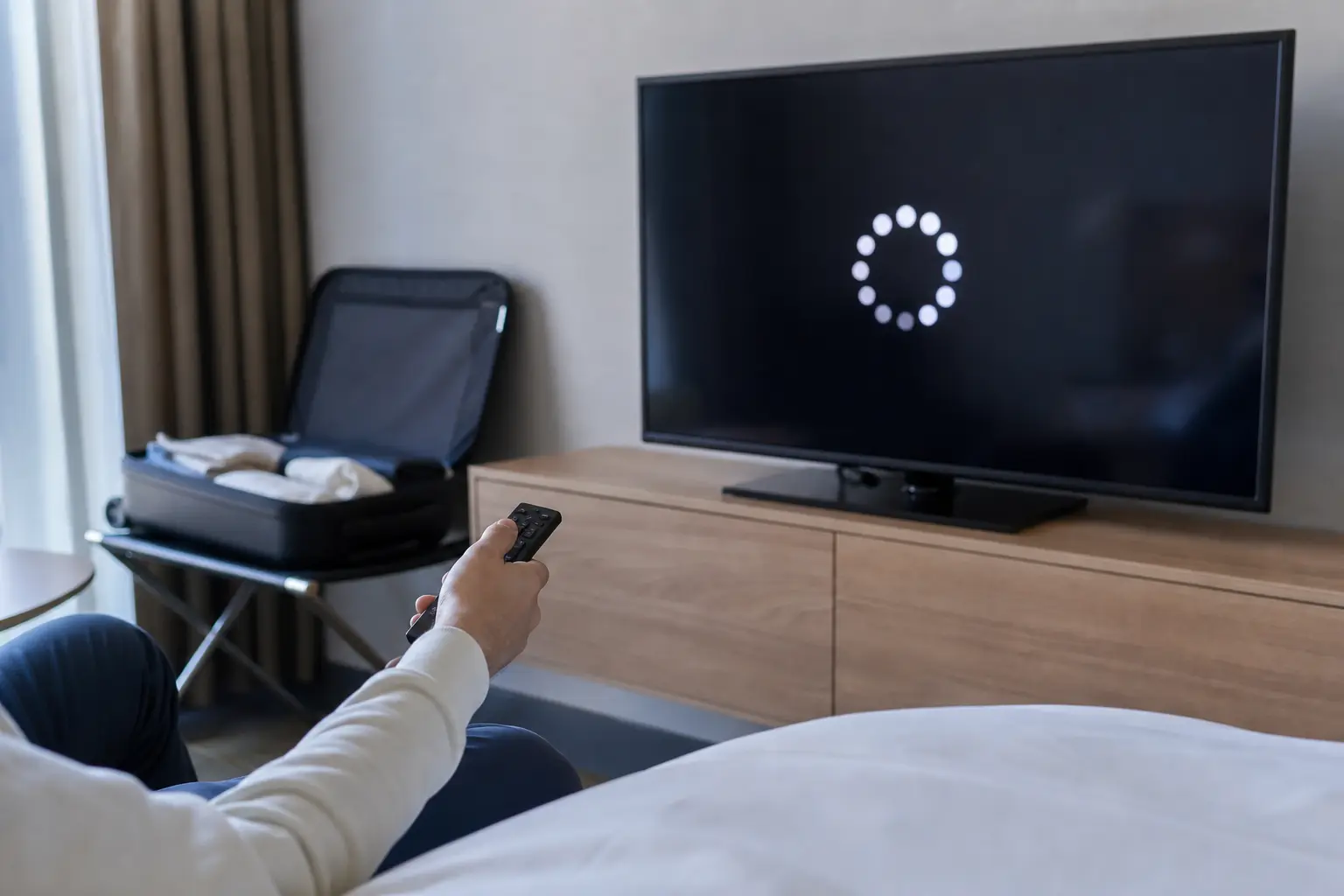 Une personne dans une chambre d'hôtel pointant une télécommande vers une télévision affichant un écran de chargement, valise ouverte en arrière-plan
