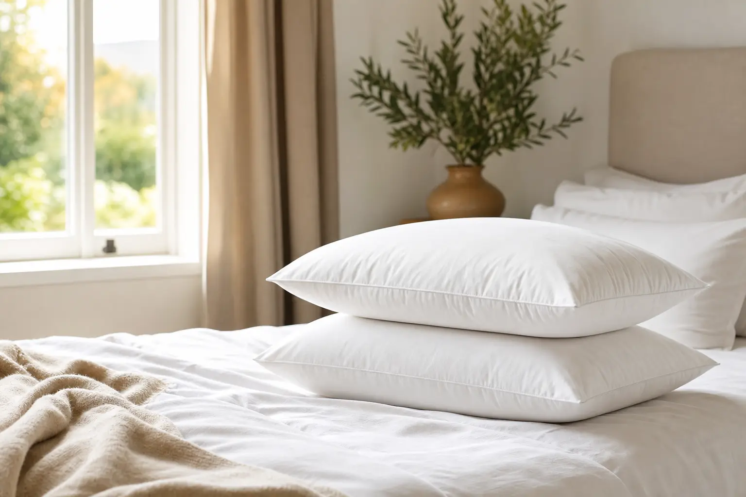 Oreillers aux taies blanches empilés sur un lit dans une chambre lumineuse, plante verte et rideaux en fond, lumière naturelle du matin