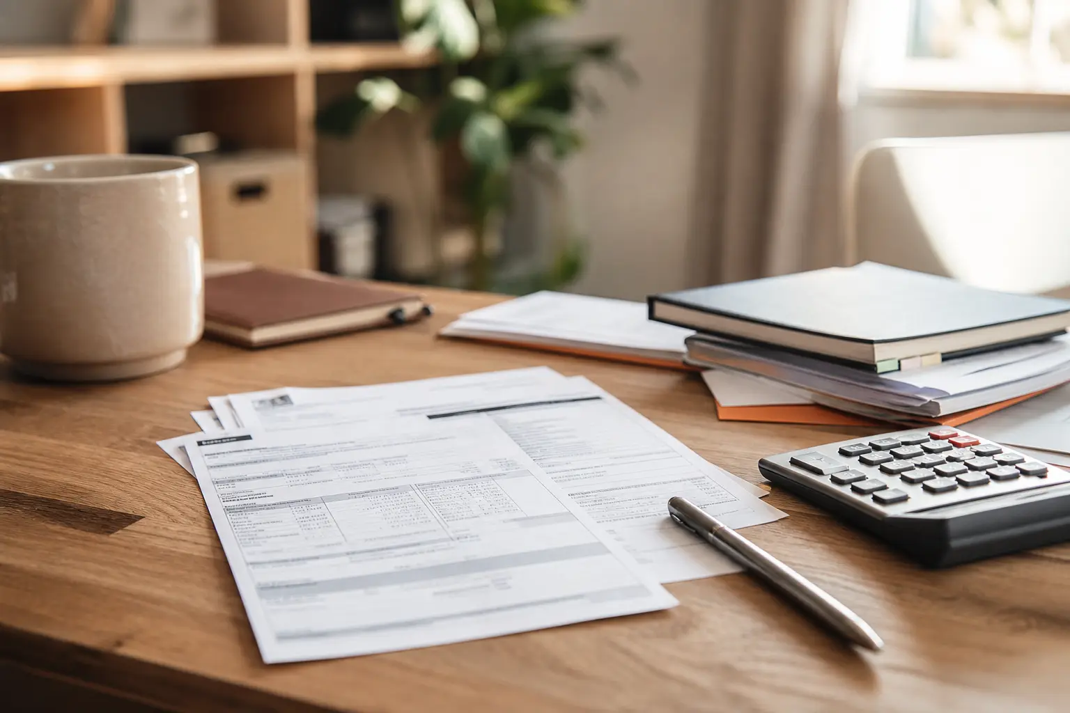 Fiche de paie et calculatrice sur un bureau, ambiance de gestion budgétaire à la rentrée