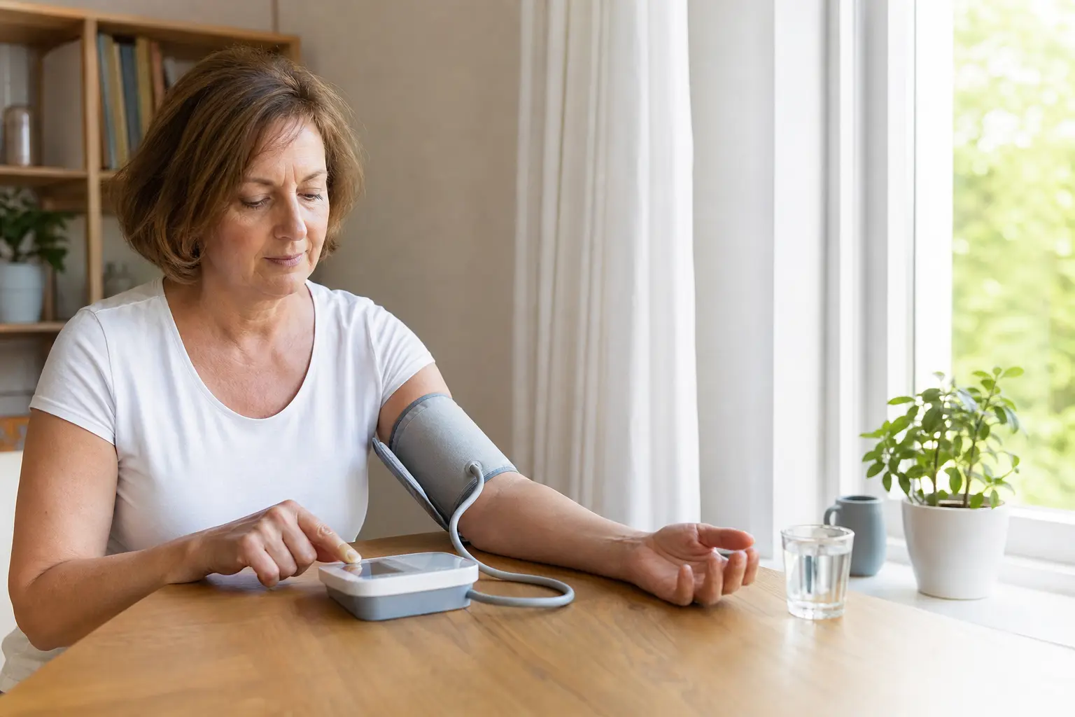 Femme assise à une table près d'une fenêtre, mesurant sa tension artérielle avec un tensiomètre électronique le matin