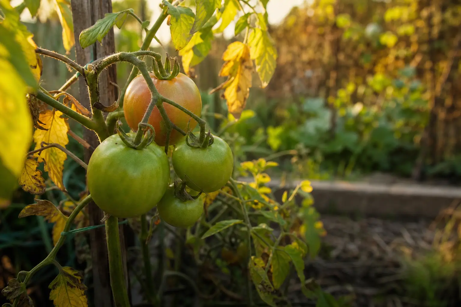 Une grappe de tomates sur pied, certaines vertes et une légèrement rosée, dans un potager en fin d'après-midi