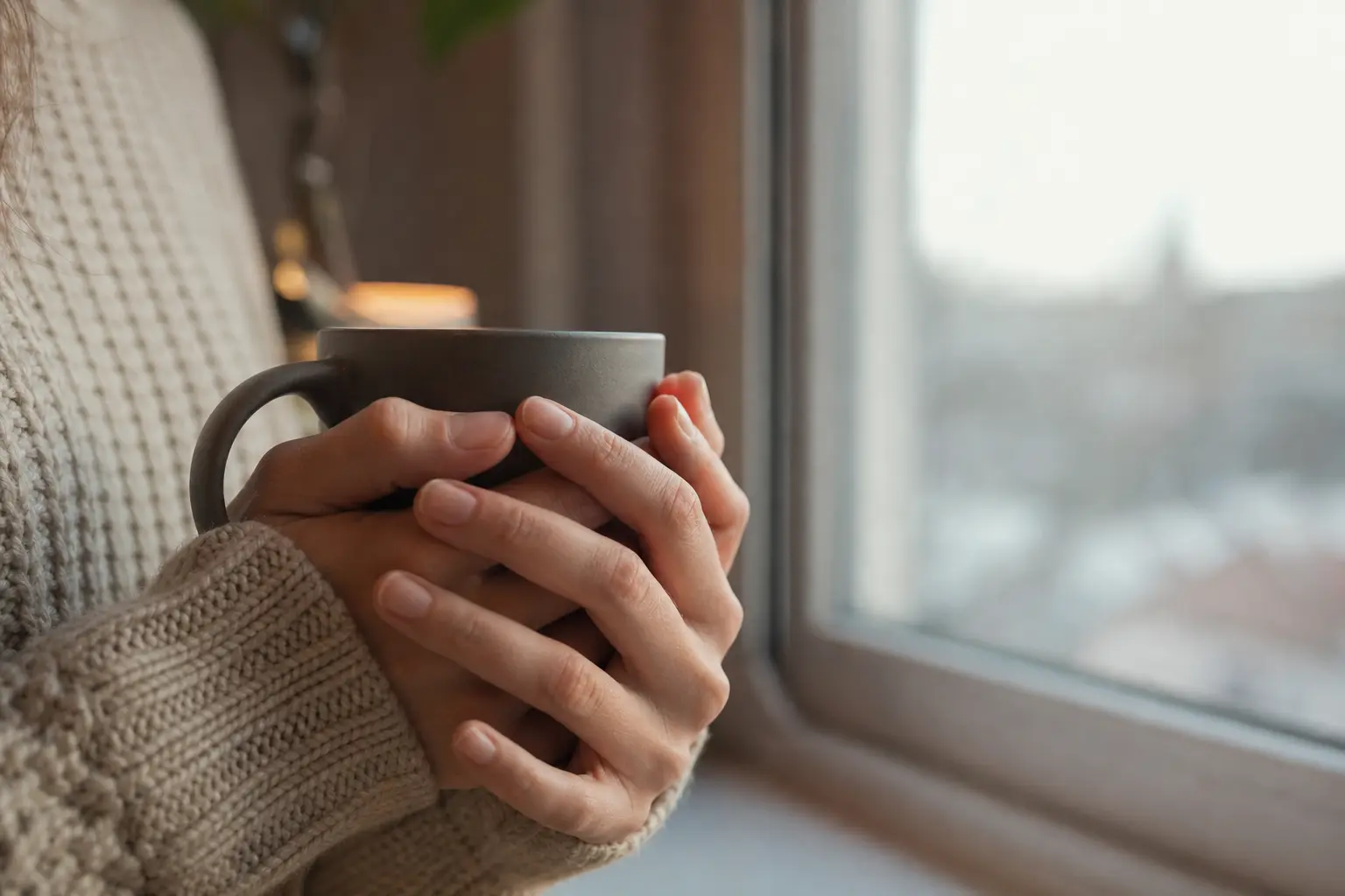 Personne emmitouflée dans un pull tenant une tasse chaude entre ses mains près d'une fenêtre