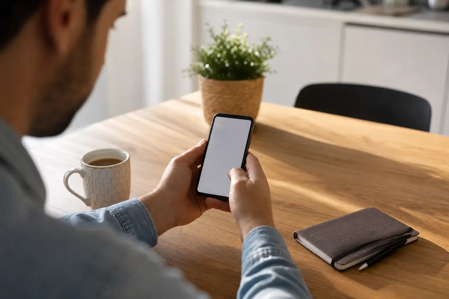 Personne consultant une application bancaire sur son smartphone à une table lumineuse