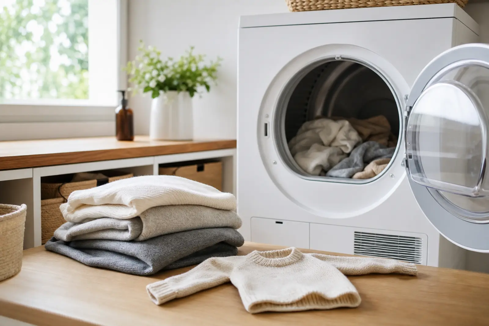Linge et pull en laine posés sur une table à côté d'un sèche-linge ouvert, dans une buanderie lumineuse