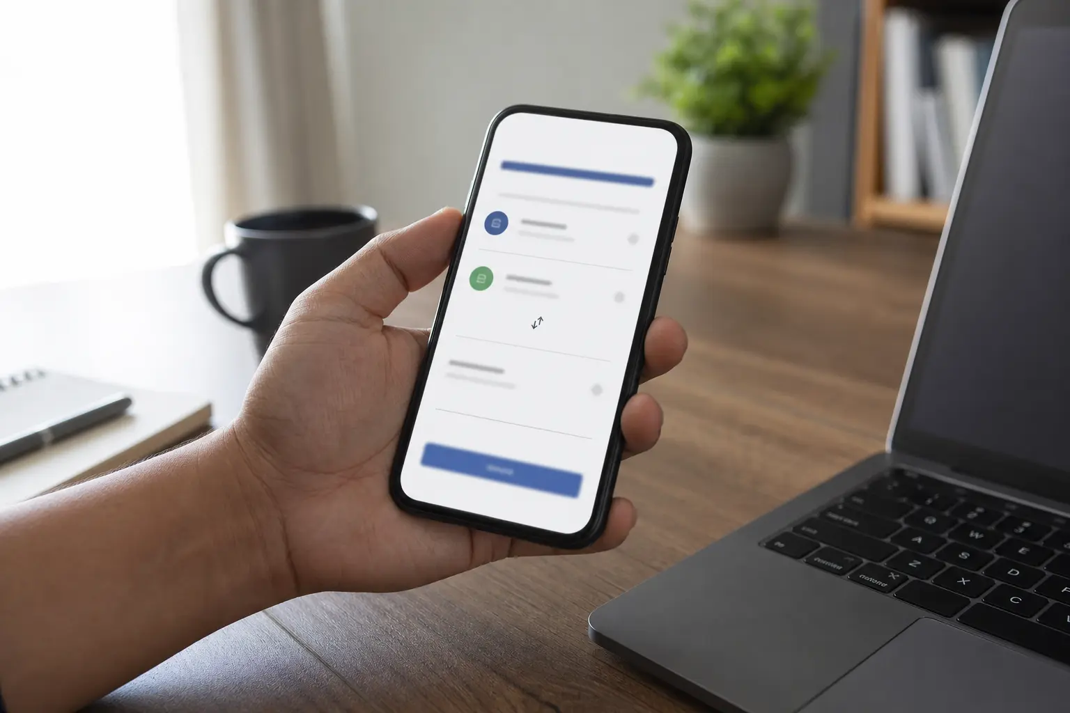 Une main tenant un smartphone affichant un écran d'application bancaire de virement, près d'un ordinateur portable