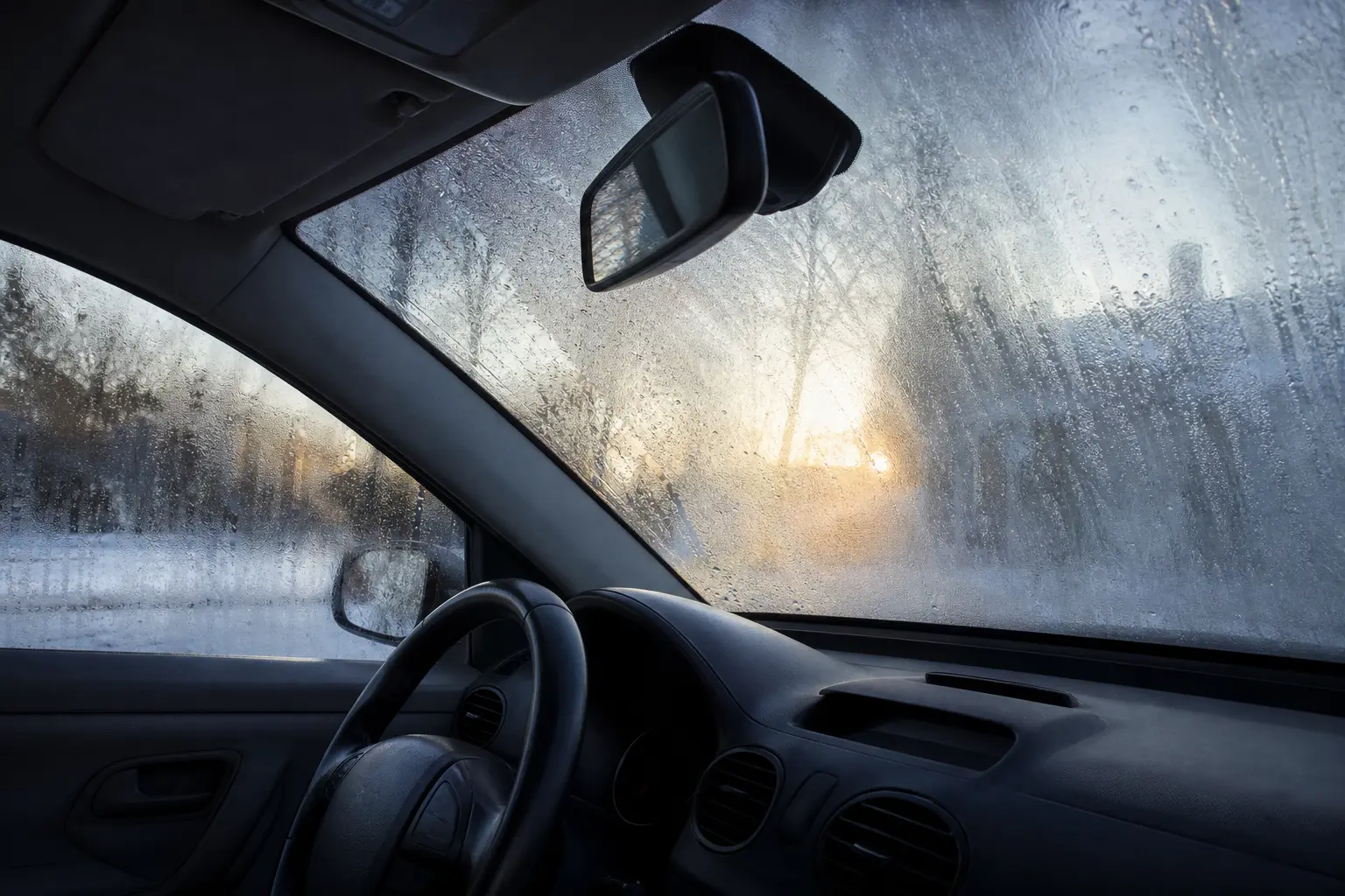 Intérieur d'une voiture en hiver avec le pare-brise et les vitres couverts de buée de condensation