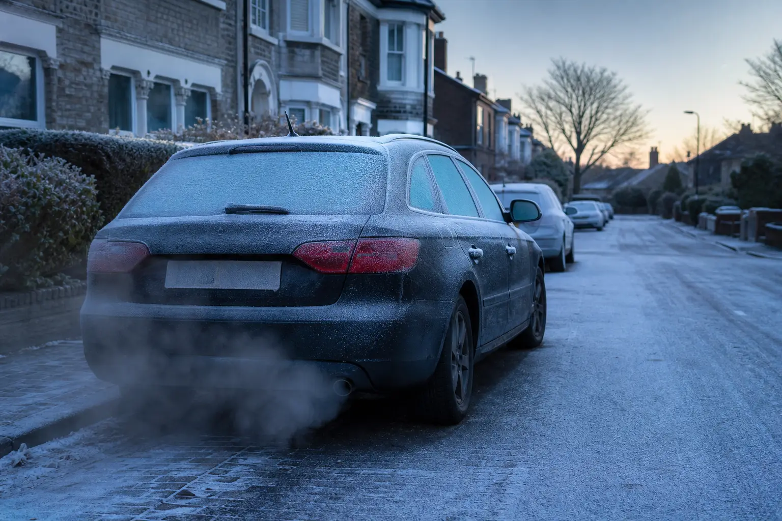 Voiture givrée garée dans une rue résidentielle par un matin d'hiver, fumée d'échappement visible dans l'air froid
