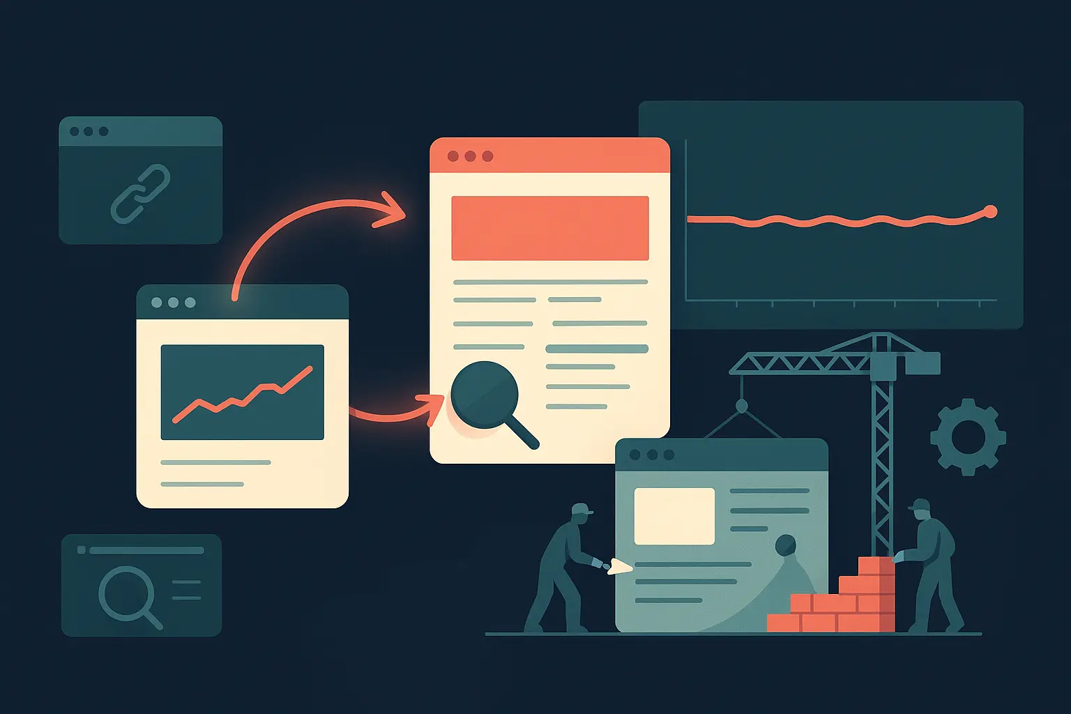 Illustration d’une migration de site web : redirections 301 et courbe de trafic SEO préservée