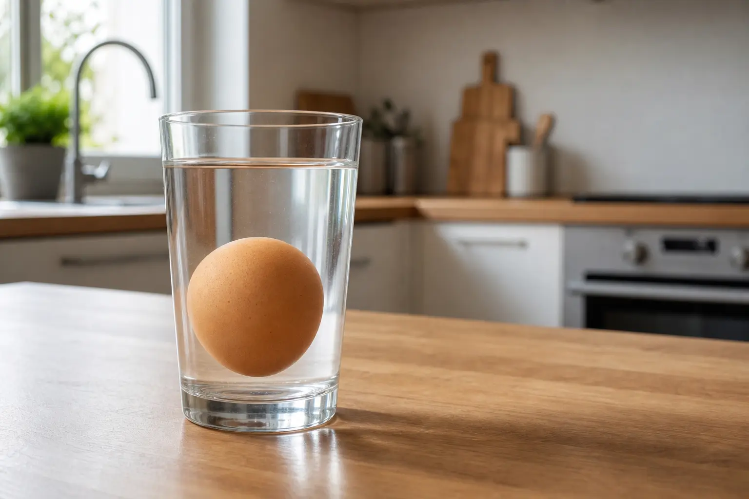 Un œuf plongé dans un verre d'eau transparent posé sur un plan de travail de cuisine lumineux