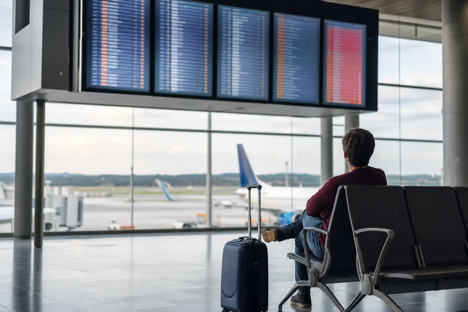 Voyageur assis en salle d'embarquement d'aéroport, valise à ses pieds, regardant un panneau d'affichage des vols